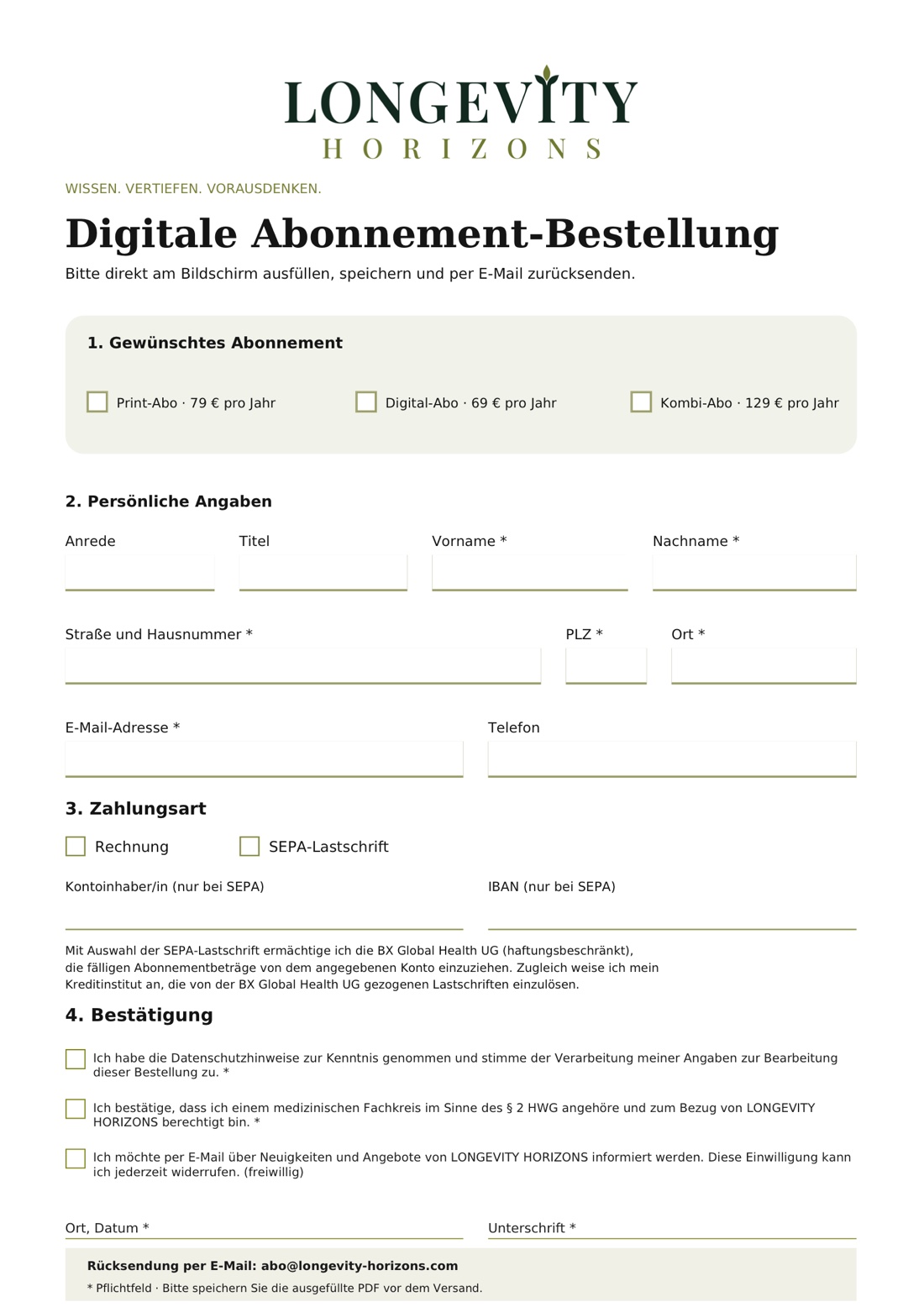 Digitale Abonnement-Bestellung von Longevity Horizons