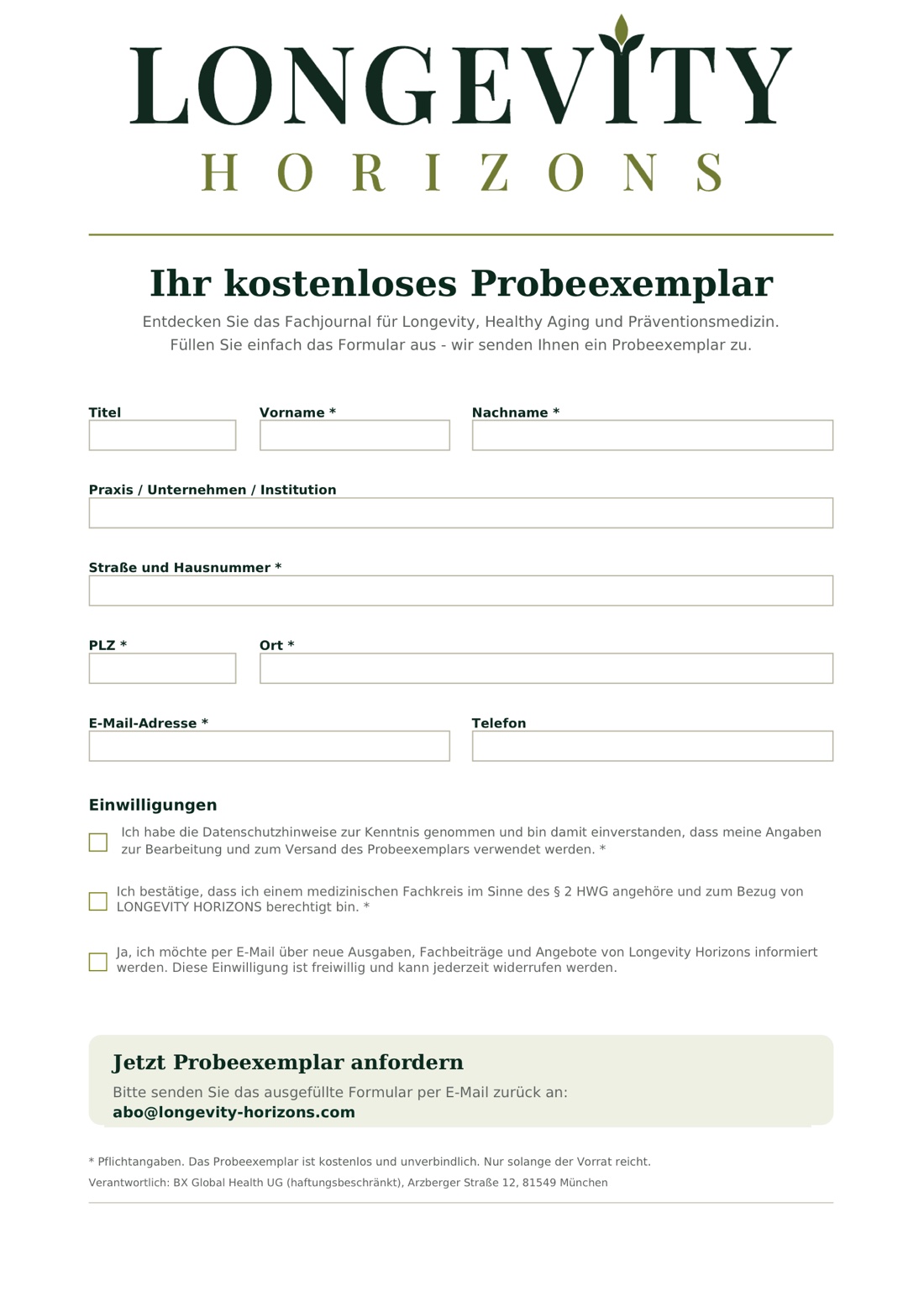 Formular für das kostenlose Probeexemplar von Longevity Horizons