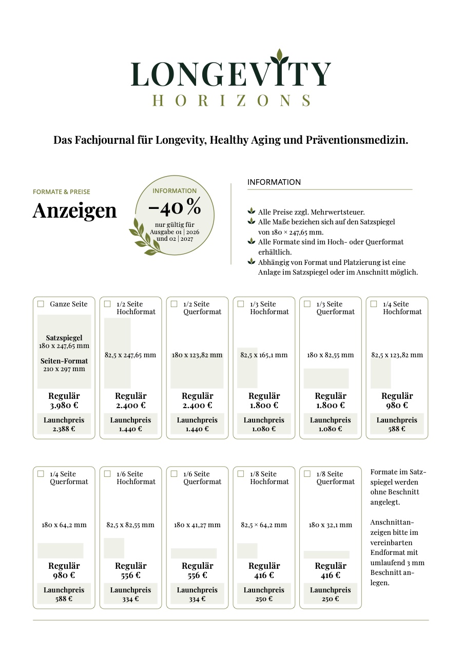 Mediadaten Longevity Horizons — Anzeigenformate und Preise, Seite 1
