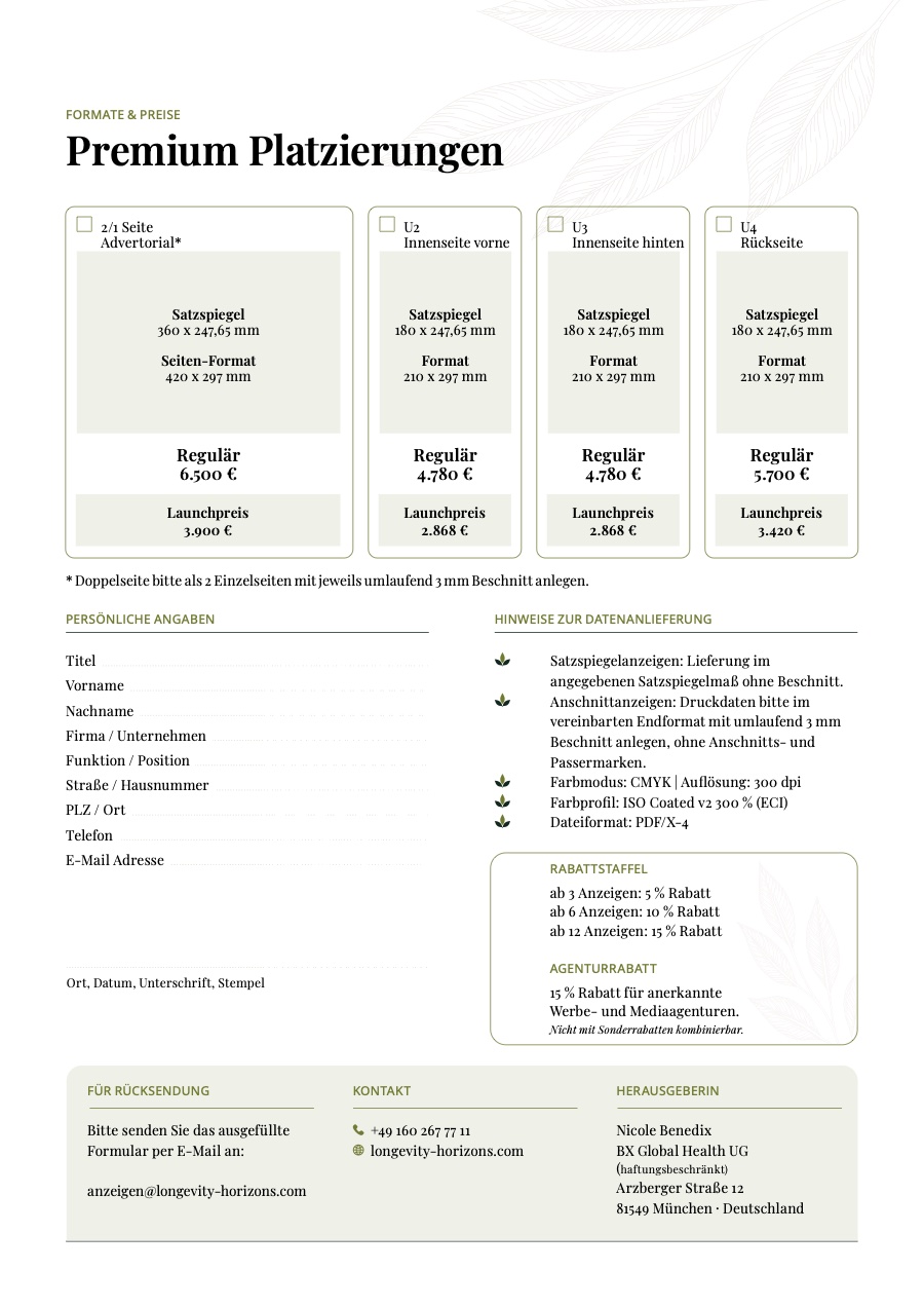 Mediadaten Longevity Horizons — Premium-Platzierungen und Konditionen, Seite 2
